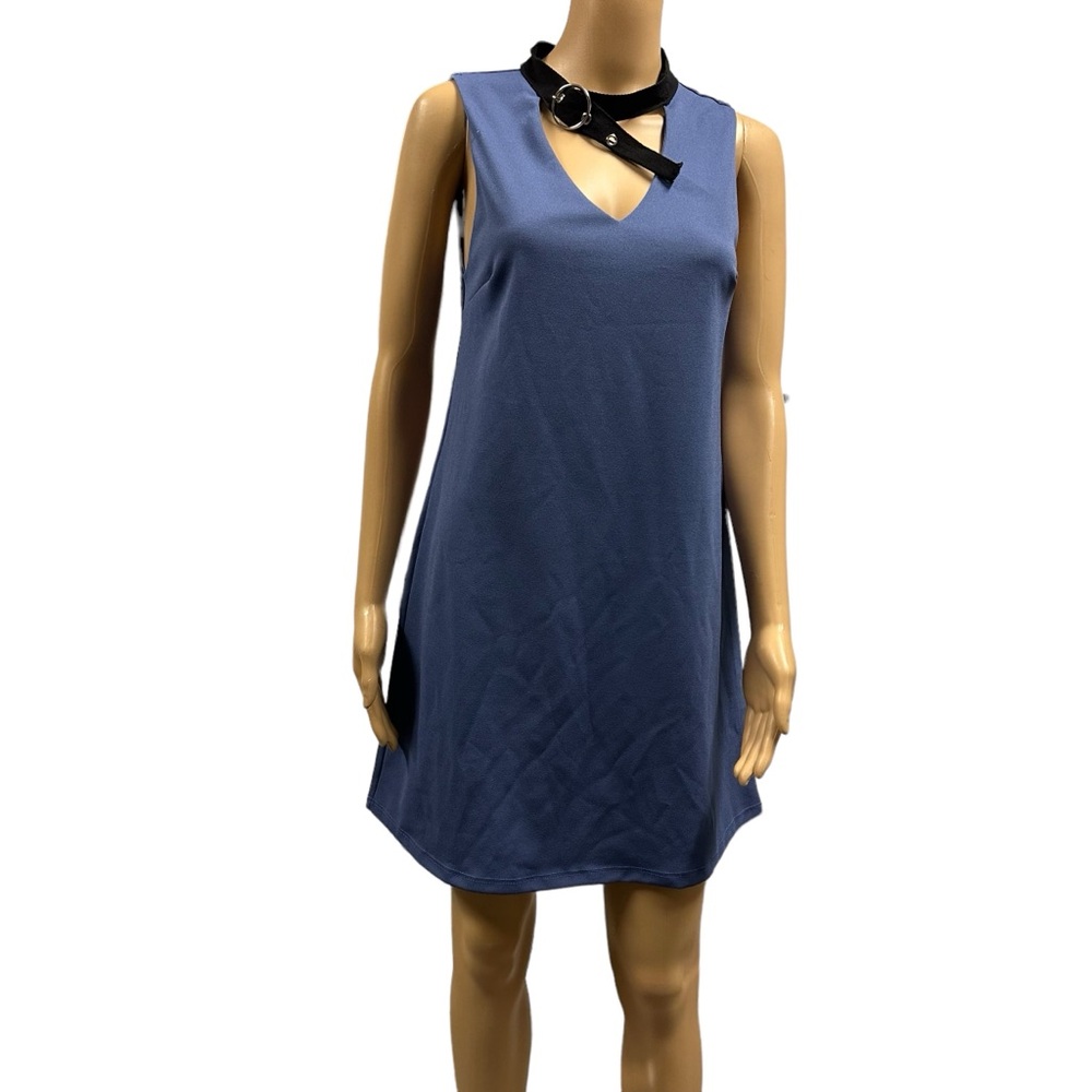 Minimi USA A Line Pullover Buckle Neck Choker Blue Black Dress Womens Small